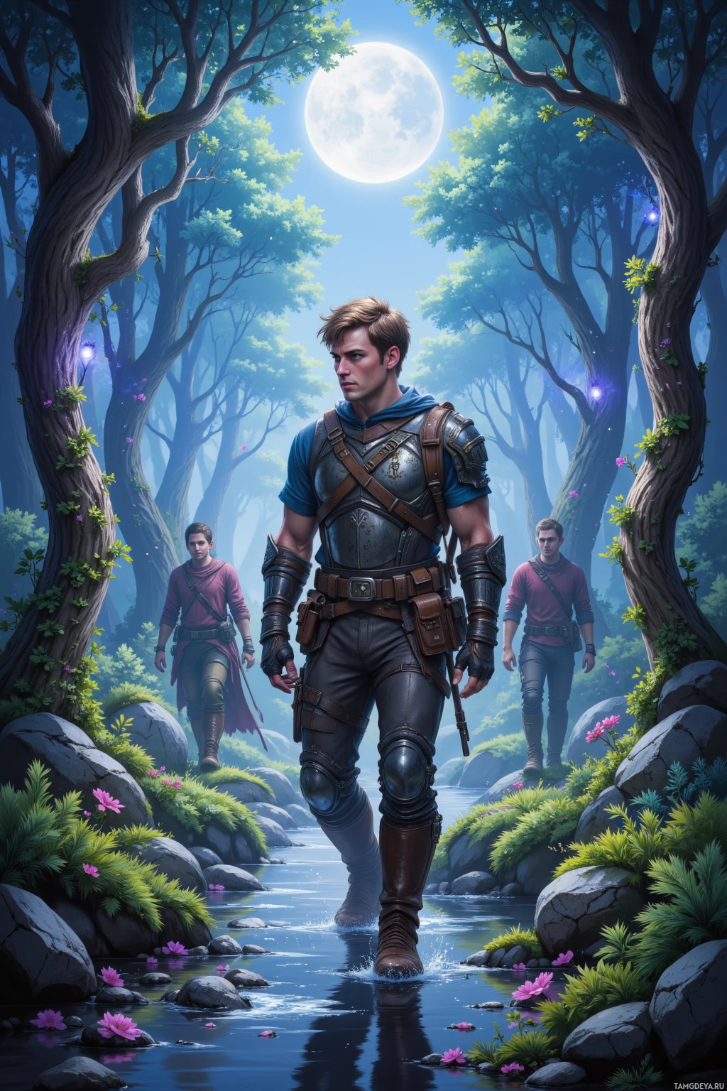 Realistic high quality photo. A 25‑year‑old male explorer with short light brown hair, bright blue eyes, rugged angular face, wearing durable leather armor, sturdy boots and a utility belt, leads a handful of wanderers through a moonlit grove of silver mist in the Dreamwood, past glowing vines, a shimmering river, to a breathtaking twilight vista.