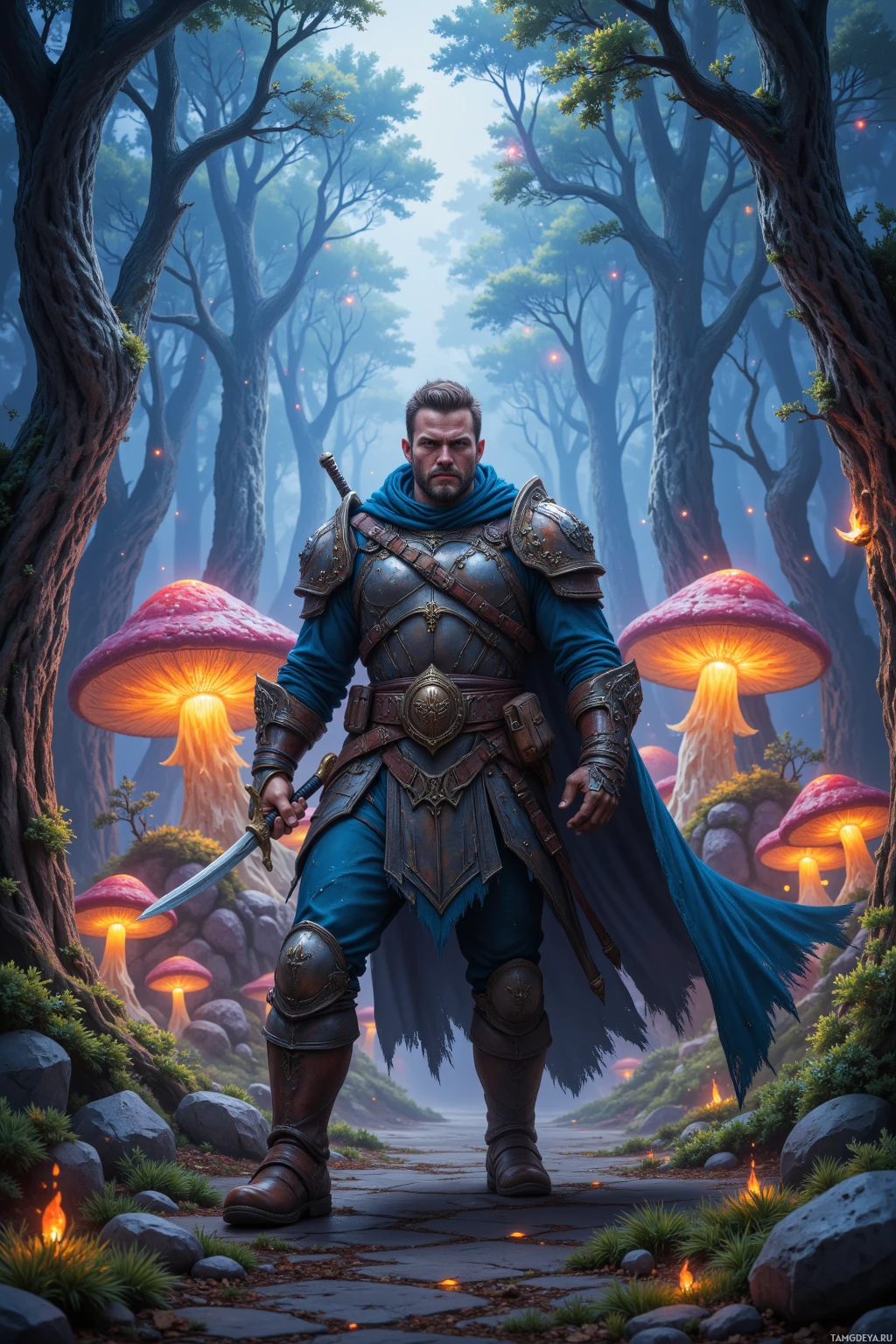 Realistic high quality photo. Rugged 25‑year‑old man with short light brown hair, bright blue eyes, wearing durable leather armor, sturdy boots, and a utility belt, leading a startled band of goblins through the twilight Whispering Glades, a forest of towering ancient trees, glowing enchanted mushrooms, and falling meteors, sword poised forward with a determined expression.