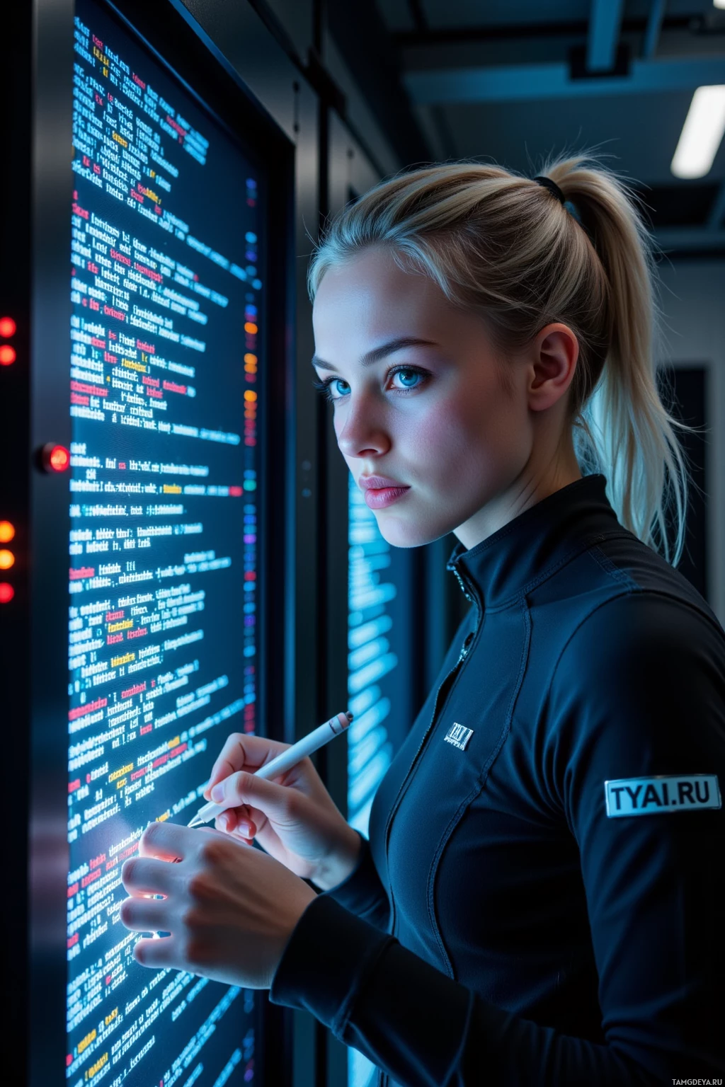 Человек в темной форме общается с большим экраном, на котором отображается код.