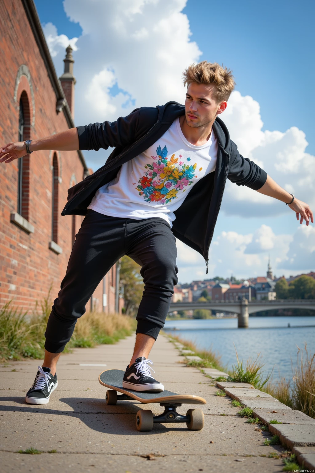 Человек катается на скейтборде по тропинке вдоль реки под ярким голубым небом.