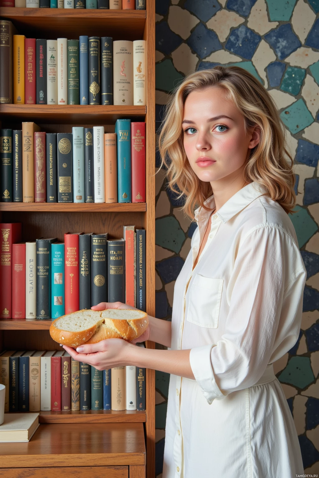 Realistic high quality photo. Morning kitchen with a 29‑year‑old woman, curly blonde hair, green eyes, wearing a white linen shirt with loose sleeves and a flowy white skirt, standing beside a previously plain wall now covered in a mosaic of ancient tile patterns highlighted by vivid neon accents, arranging a bookcase where each book spine forms an even‑numbered, tessellated pattern, with a small table holding eight slices of baguette in perfect symmetry.