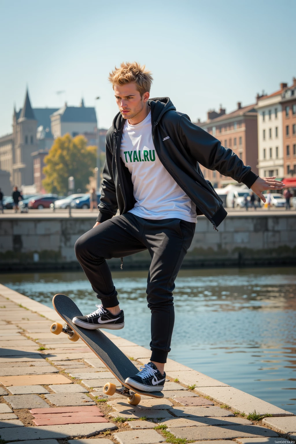 Человек катается на скейтборде вдоль набережной в городском районе.