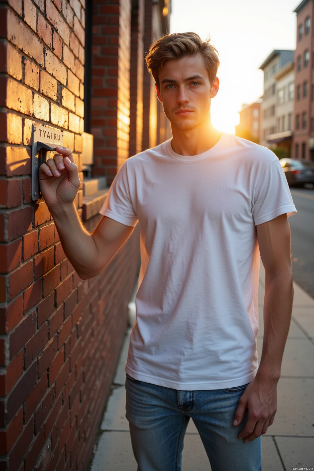 Realistic high quality photo. Male 25 with shaggy light‑brown hair, bright blue eyes, wearing a white t‑shirt and light blue jeans, standing on a city block at sunset, pointing to a hidden tag on a mailbox, surrounded by brick walls.