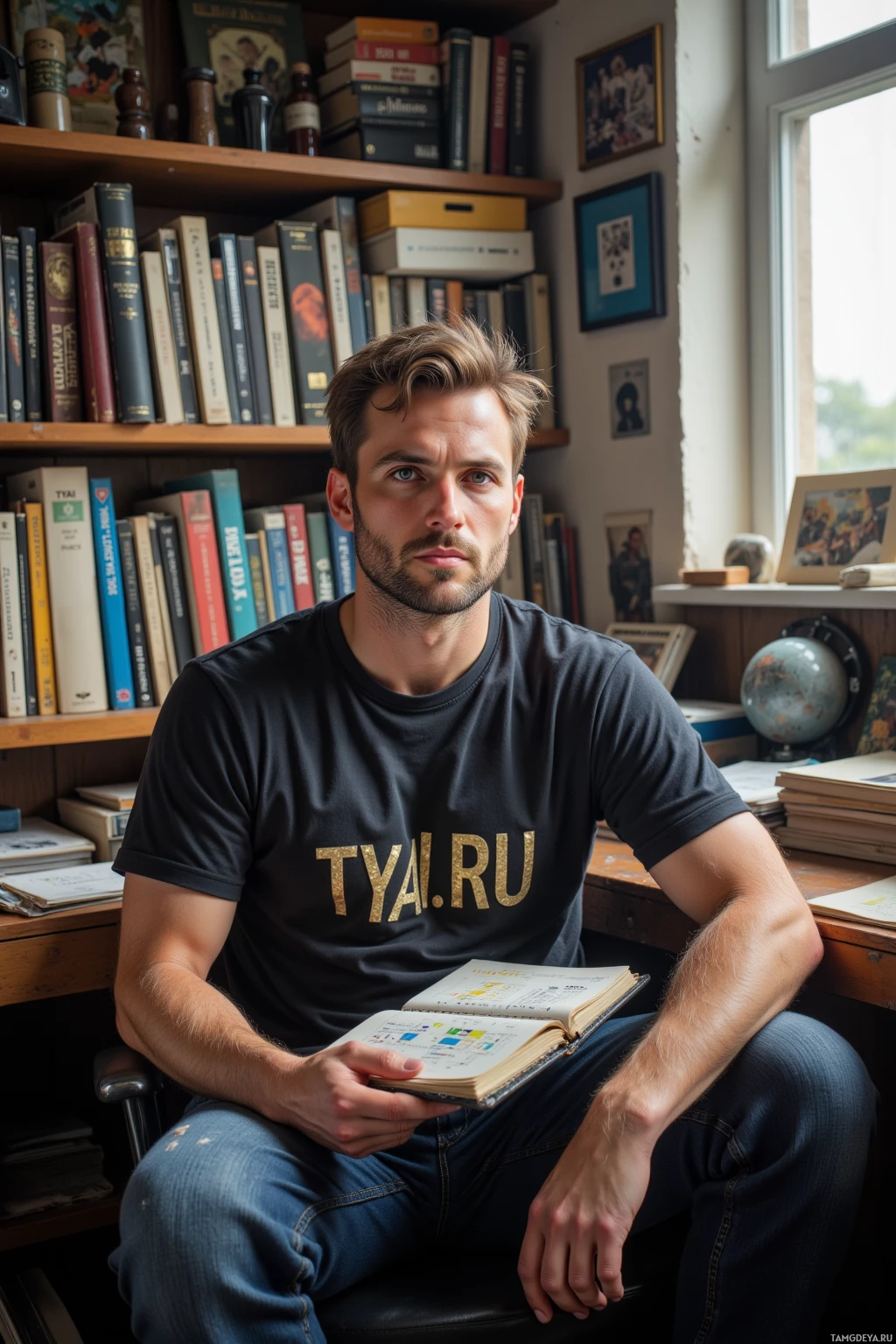 Realistic high quality photo. Man, 40, short light brown hair, blue eyes, wearing a faded black band t‑shirt, high‑waisted dark jeans, scuffed Converse, sits at a cluttered spare room desk behind dusty archives, holding a film reel and a notebook of box‑office charts, with a small group of fellow collectors in the background debating its obscure distribution, afternoon light streaming through a window, his determined face reflecting a relentless passion for forgotten cult films.