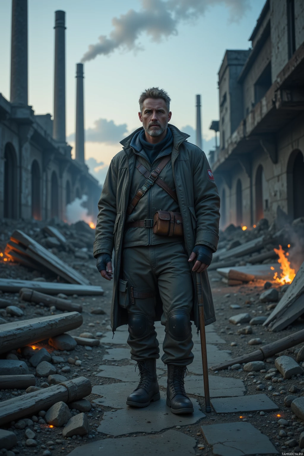 Realistic high quality photo. Tall 47‑year‑old man with short rugged blonde hair, piercing blue eyes, weathered fair skin, wearing thick thermal gear and sturdy boots, holding a walking stick, stands alone in wind‑swept ruins of a decaying industrial complex, abandoned generators humming faintly in the background, dust swirling, twilight sky.