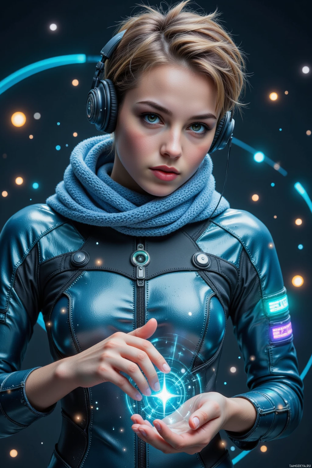 Realistic high quality photo. Female, 30, short spiky light brown hair, green eyes, wearing a shimmering iridescent scarf and a sleek futuristic jumpsuit with glowing bands on the sleeves, standing in a dimly lit high‑tech studio with floating holographic glyphs and swirling soundwave meshes, holding advanced headphones, eyes focused, hands shaping the glyphs as rippling sonic textures hover around her.