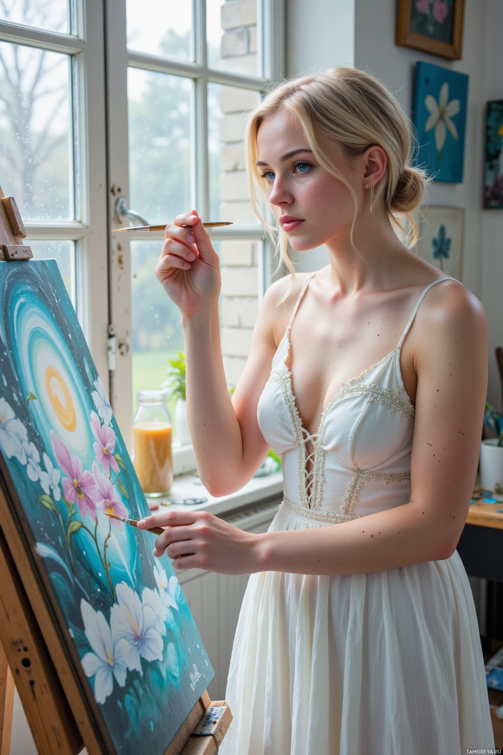 Realistic high quality photo. Female artist, 30, white‑blonde hair in soft waves, blue‑green eyes, pale skin, wearing a flowing white dress with feather accents and delicate sun flare embroidery, standing in a morning‑lit studio with large glass windows, holding a paintbrush and staring intensely at a canvas of moonlit orchids, surrounded by swirling pigments and a faint silver glow.