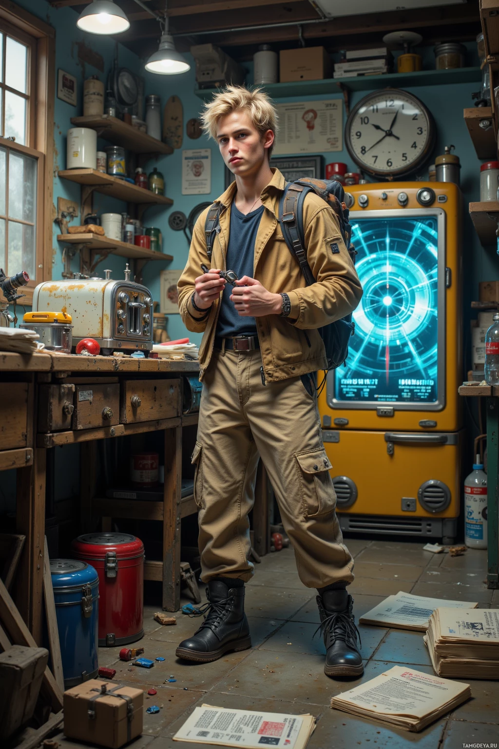 Realistic high quality photo. 18‑year‑old slim male with messy blonde hair, bright blue eyes, pale skin, wearing a worn retro‑style jacket, loose pants, scuffed sneakers, energetically tinkering with a chrono‑gear in a battered backpack inside a cluttered workshop, while a toaster emits Morse code lights and a fridge projects smart‑home holograms among scattered vintage tech manuals and humming quantum coils.