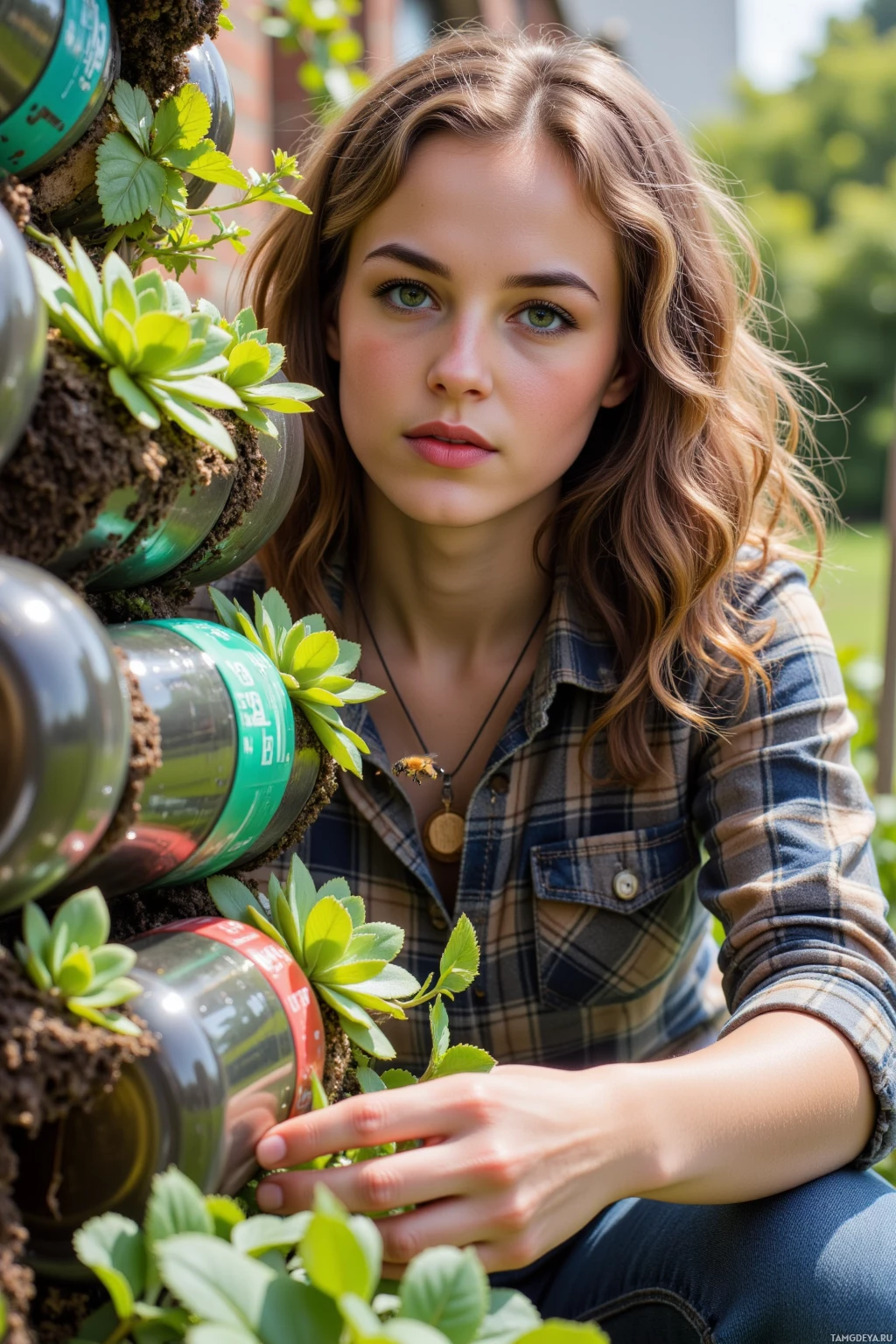 Realistic high quality photo. A 26-year-old woman with curly brown hair, bright green eyes, pale skin, prominent jawline, full lips, wearing a flannel shirt and jeans, a small wooden charm hanging from a leather cord, kneels in a sunny garden installing a vertical planter made from discarded bottles filled with succulents, gently watering with recycled water while bees hover around her, her determined expression reflecting fierce environmental advocacy.