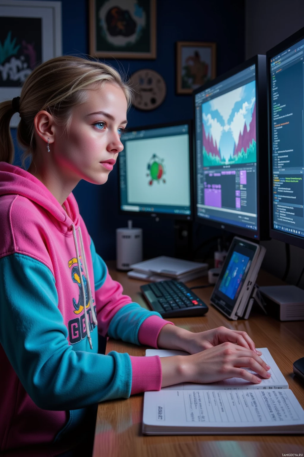 Realistic high quality photo. A 22‑year‑old woman with light blonde ponytail, blue‑green eyes, pale skin, wearing a colorful retro hoodie and comfortable sneakers, sits at a dimly lit home office desk with multiple monitors displaying a pixel glitch, pressing keys repeatedly to restart a game while a notebook with handwritten trivia about retro sprites lies open beside her, late‑night atmosphere.