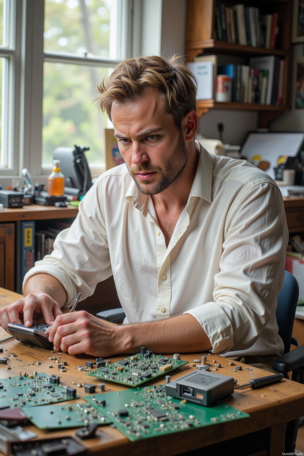 Realistic high quality photo. A 41‑year‑old man with light blonde hair, blue eyes, pale skin, wearing a crisp white button‑down shirt with rolled‑up sleeves and khaki pants, sits at a cluttered workbench in a sunlit home office, soldering a stubborn resistor on a cracked 1997 Nokia phone surrounded by scattered old circuit boards, his focused yet slightly frustrated expression reflecting obsessive attention to detail.