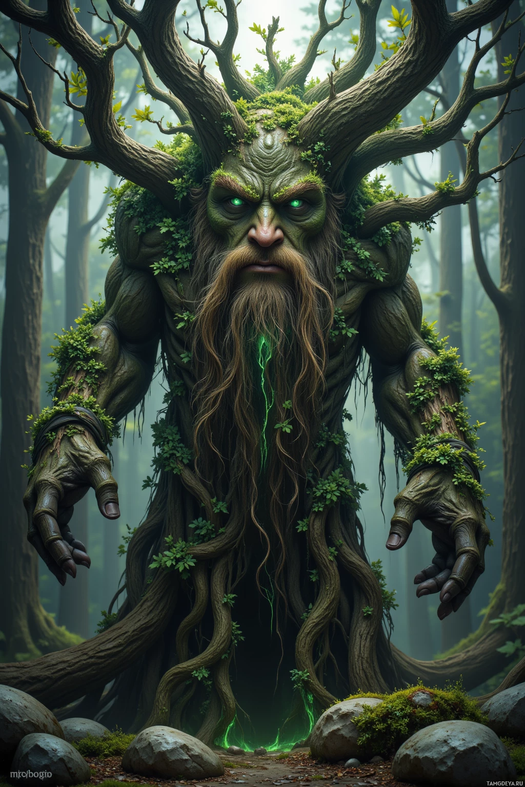 Realistic high quality photo. Male Ent, towering ancient tree-like figure with moss‑covered beard and vines woven through gnarled bark, glowing green eyes, standing amid weathered forest roots in damp, misty forest, wind rustling leaves, calm and patient demeanor.