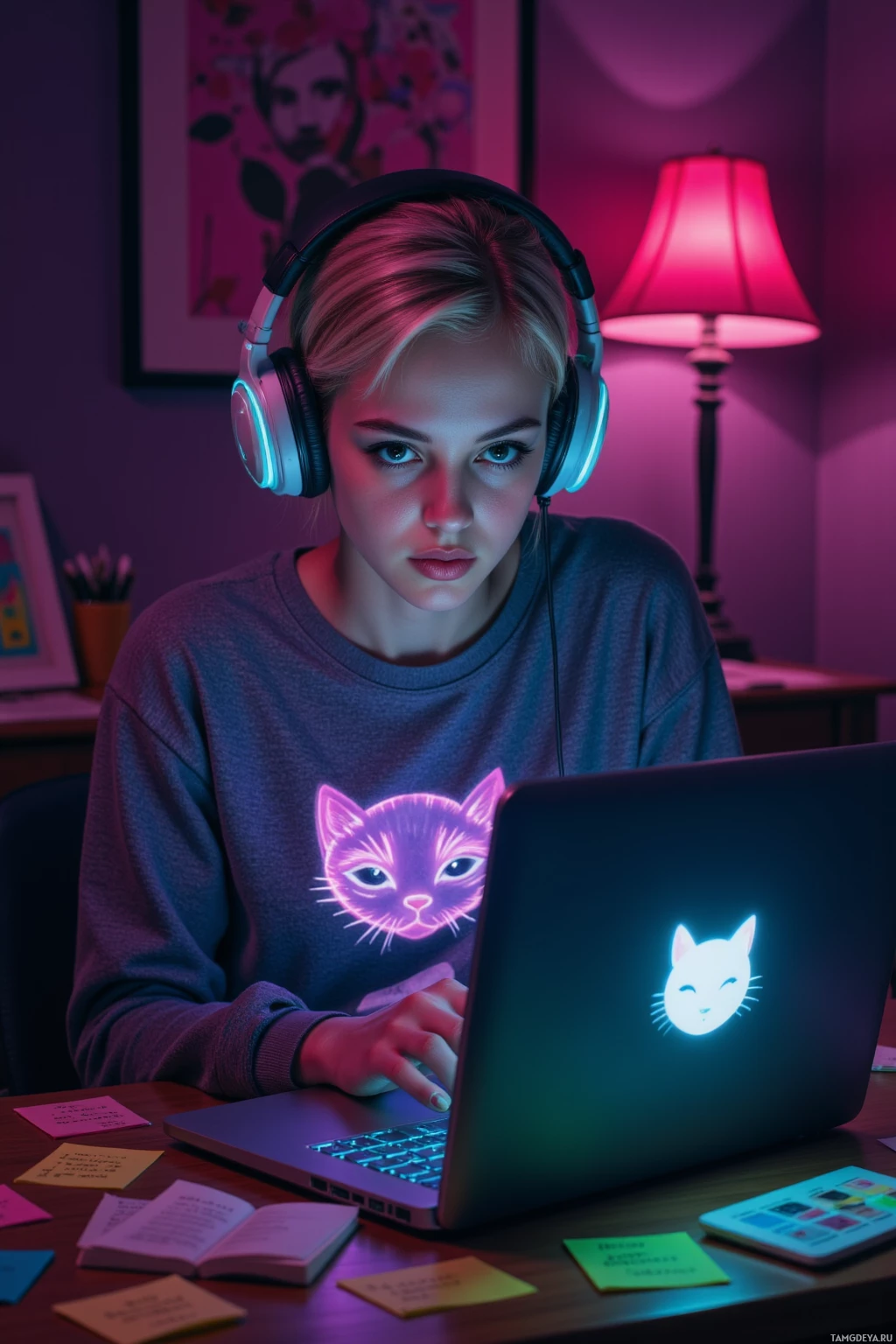 Realistic high quality photo. A 22‑year‑old woman with a bright blonde bob, blue eyes, pale skin, neon‑accented streetwear and bold makeup sits in a dimly lit apartment at night, typing on a laptop as a cat meme with a paused heart icon blinks on the screen, headphones on, neon glow reflecting off her face, surrounded by scattered post‑it notes and a softly glowing lamp, exuding a chaotic yet comforting energy.
