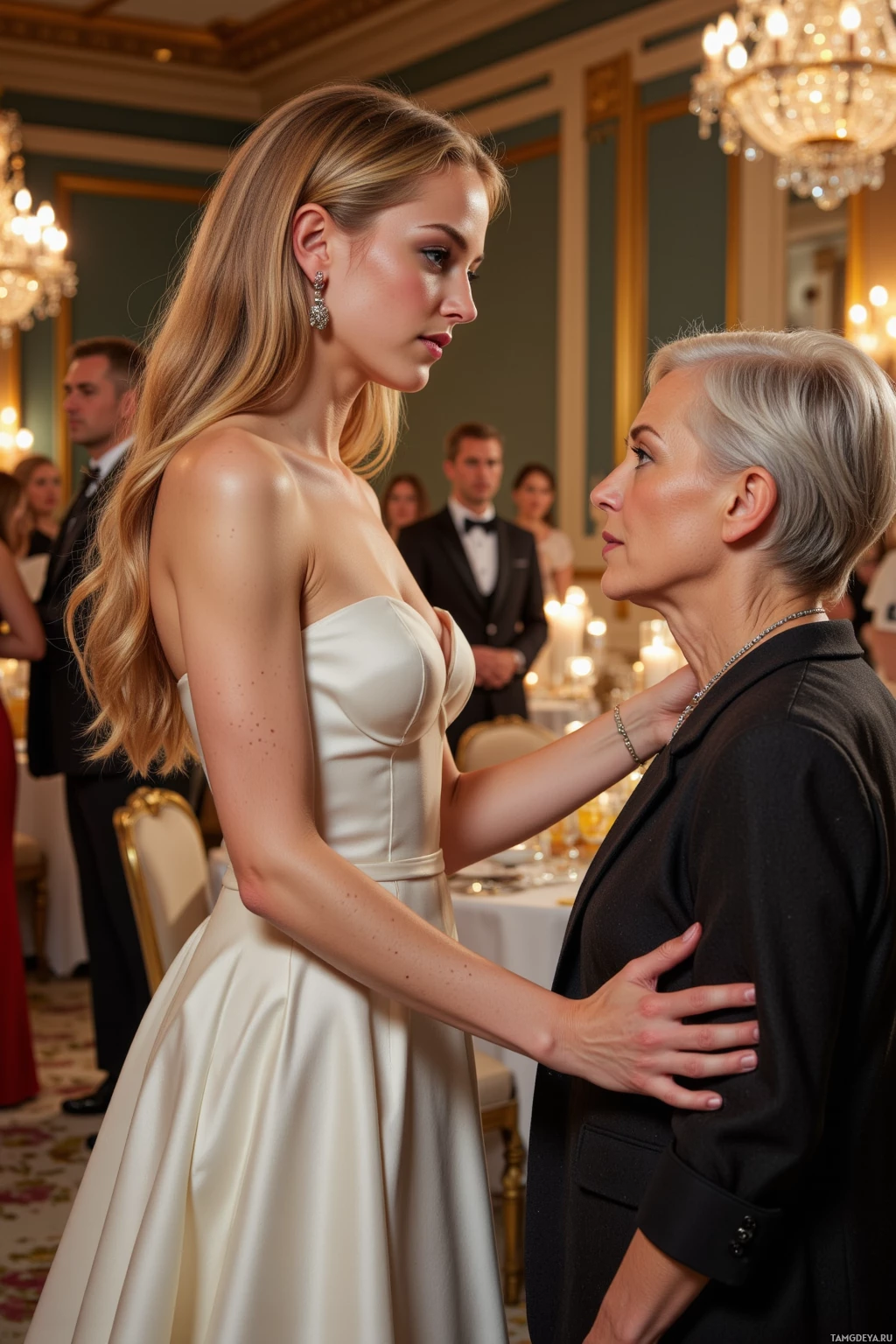 Realistic high quality photo. A graceful 31‑year‑old woman with long curly blonde hair, blue eyes, porcelain complexion, high cheekbones and a small nose, wearing a flowing white evening gown and delicate jewelry, places a gentle hand on the shoulder of an elderly woman with silver hair in a glittering ballroom at night, crystal chandeliers hanging overhead and guests in formal attire watching.