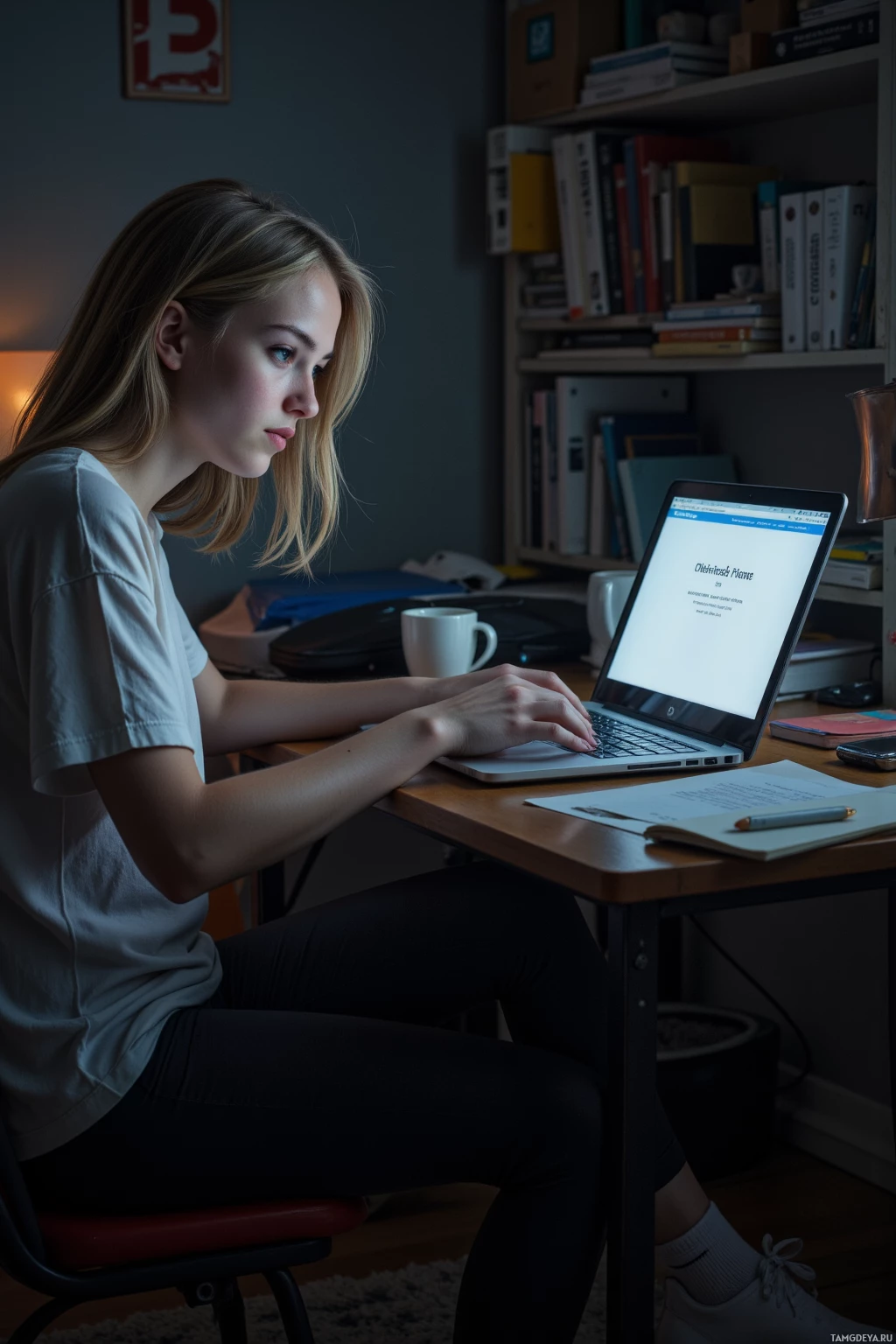 Realistic high quality photo. 19‑year‑old woman with messy blonde hair, pale skin, blue eyes, wearing a loose oversized t‑shirt, leggings and socks, sitting at a cluttered desk in a dim apartment at night, staring at a flickering lecture slide on a laptop screen with a blinking cursor, half‑smiling with a tired expression, surrounded by scattered notebooks, coffee mugs and a glowing phone, the room illuminated only by the screen's soft glow.