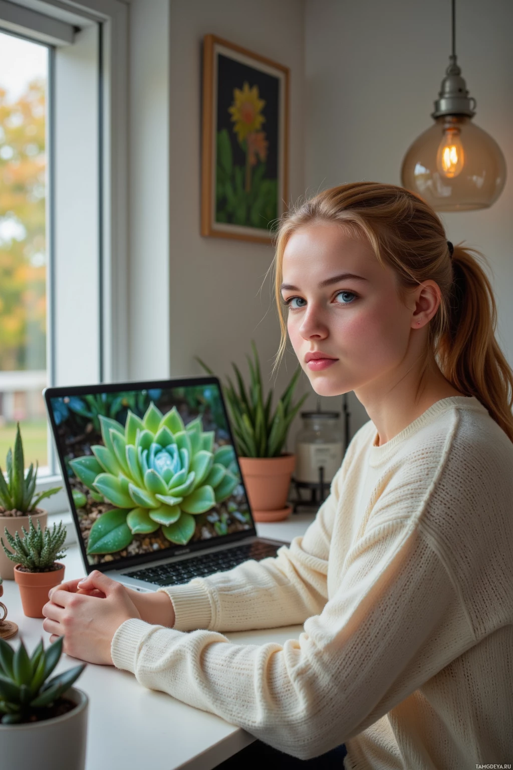 Realistic high quality photo. A young woman, 23, with strawberry‑blonde hair in a ponytail, blue eyes, pale skin, wearing a pastel sweater, sits at a modern desk in a cozy home office, focused on a laptop screen showing a pixelated succulent display glowing like dew on leaves, surrounded by real succulents and a terrarium, afternoon light filtering through a window, a soft amber filter applied to the scene, calm and introspective posture.