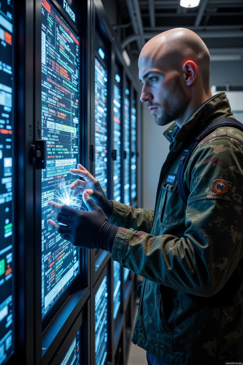 Realistic high quality photo. Male, 32, brown buzz cut, blue eyes, pale skin, wearing tactical jacket with subtle camouflage and fingerless gloves, standing in a sunlit server room at dawn, tracing a faint pulse of a dormant worm in a grid of blinking racks, fingers hovering over holographic code syntax on a flickering screen of error logs, surrounded by humming servers and cables.