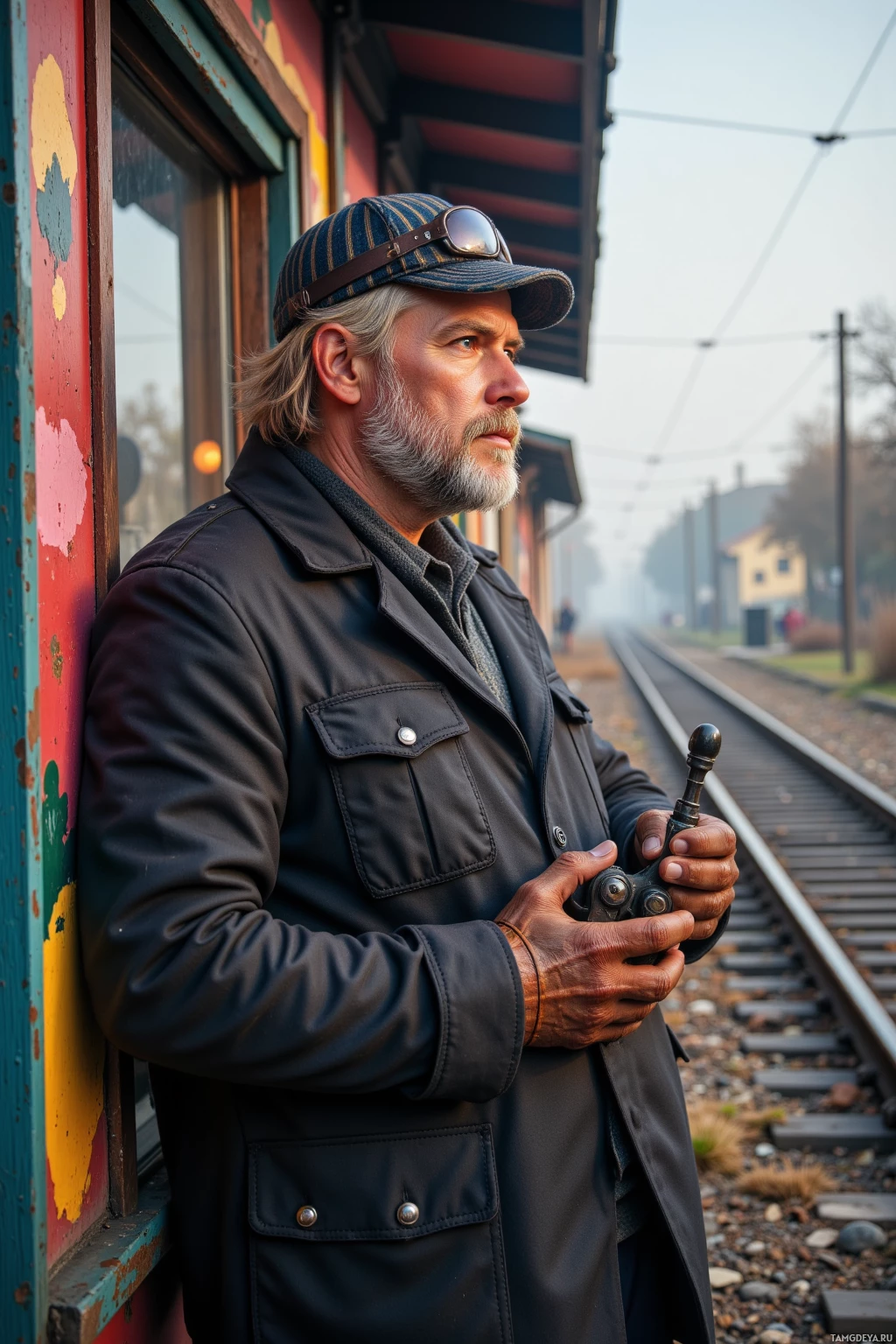 Realistic high quality photo. A burly 45‑year‑old man with messy blonde hair, piercing blue eyes, coal‑dusted skin, wearing a striped cap, worn leather gloves, and a thick practical coat with multiple pockets stands on modern railroad tracks beside a bakery window painted in bright colors, holding a locomotive throttle with both hands and looking out toward a distant horizon under early morning light.