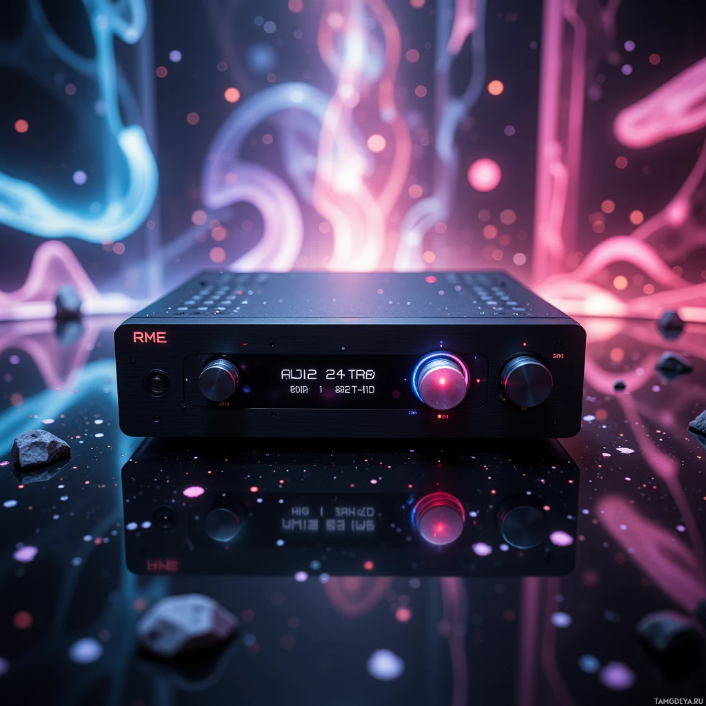 Semi-abstract image with many empty light space at center of beautiful background, that is suitable for the post:  Just picked up the RME ADI‑2 DAC/ADC, a sleek black glass‑fronted console that feels like a pocket‑sized laboratory. Its single rotary encoder and OLED display let me dissect every sample rate in a way that makes my eyes ache for perfection, while its 24‑bit/192kHz conversion promises a noise floor that would make a tape hiss sound like a choir. The unit's brushed aluminum chassis and integrated clock source keep the signal clean, but the real allure is the way its digital precision feels like the first clean 44.1 kHz recording I ever heard. I can’t help but argue that its compact size is the ultimate efficiency, and yet I’m still tempted to clean the little dust mote that sits on the power button. #AudioPurist #TechObsessed ⚙️