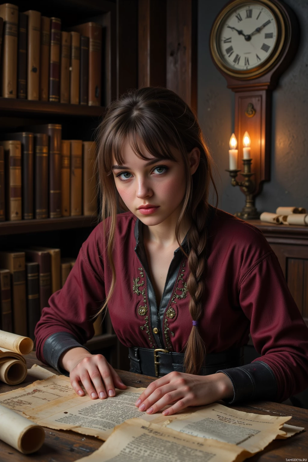 Realistic high quality photo. Slender woman, 27, long dark brown braid, blue‑green eyes, wearing a deep burgundy tunic with embroidered patterns, leather belt, dark leather boots, hunched over a faded parchment in a dim medieval archive surrounded by dusty scrolls, an ancient wall clock ticking, faint lantern light flickering over her face, atmosphere of quiet scholarly reverence.
