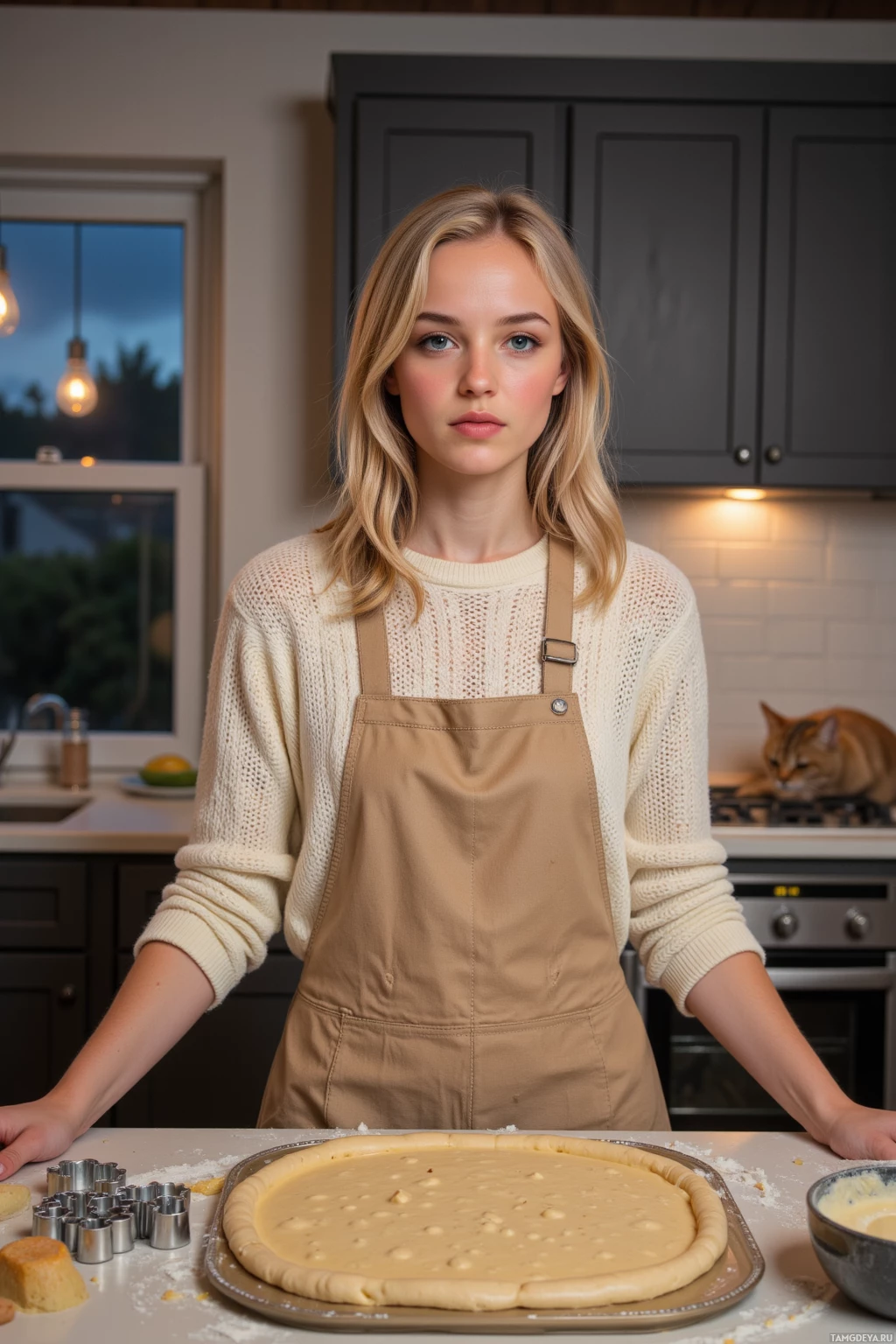 Realistic high quality photo. Modern kitchen interior at midnight, a 23‑year‑old woman with layered blonde hair and blue eyes, wearing a cream cable‑knit sweater, flour‑dusted beige apron over rolled‑up jeans, standing at a counter with laminated dough showing tiny bubbles, an oven display set to 170 °C, a tray of 342 cookie cutters spread out, a collapsed soufflé in a mixing bowl she guards, a cat lounging on the sun‑lit windowsill, warm oven glow illuminating the scene.