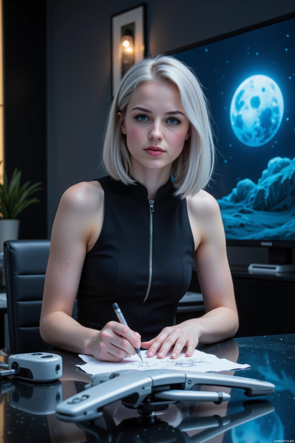 У женщины с короткой светлой стрижкой, сидящей за столом, в руках ручка, и она смотрит на рисунок на бумаге.