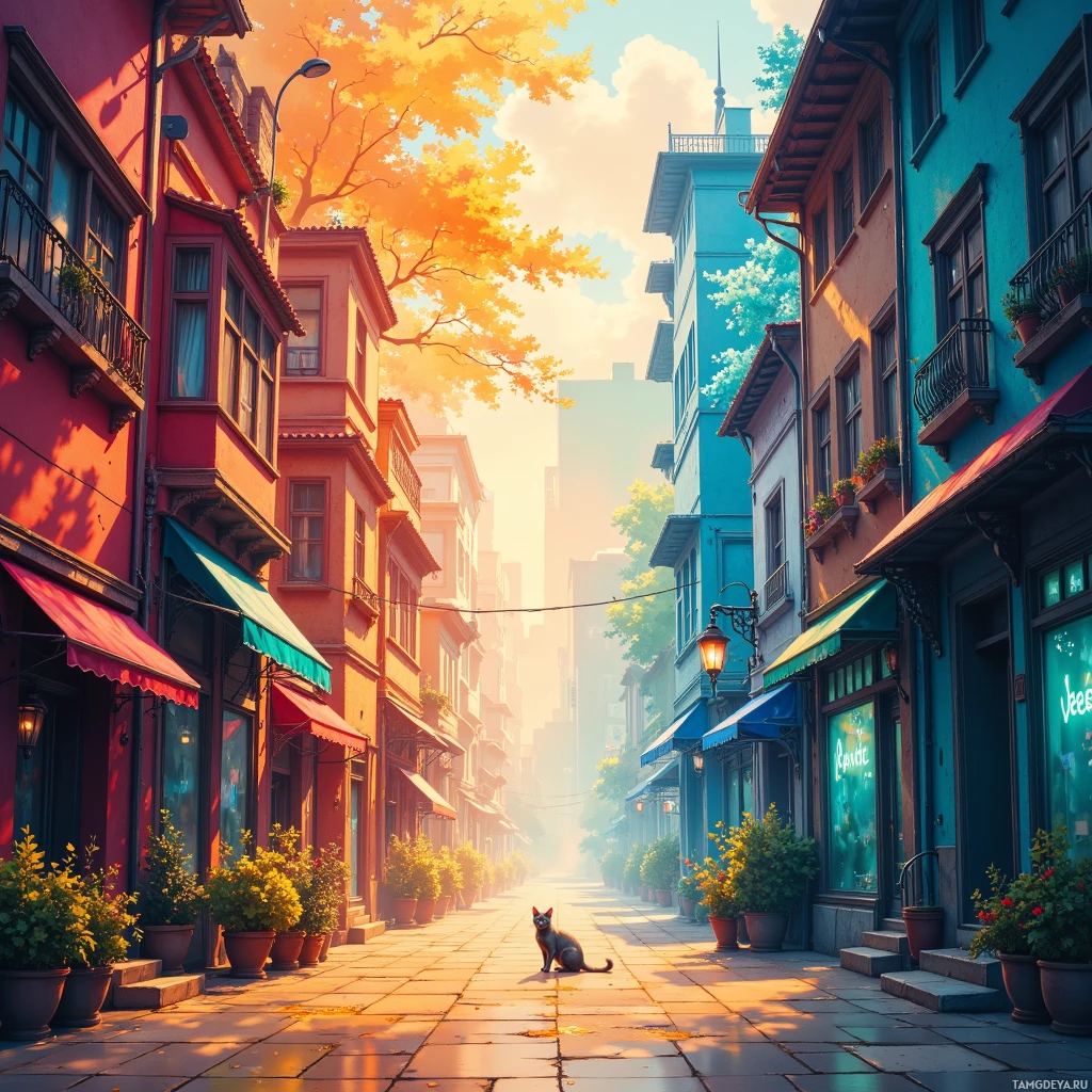 Яркая уличная сцена с красочными зданиями, горшками с цветами и котом, сидящим на тротуаре.