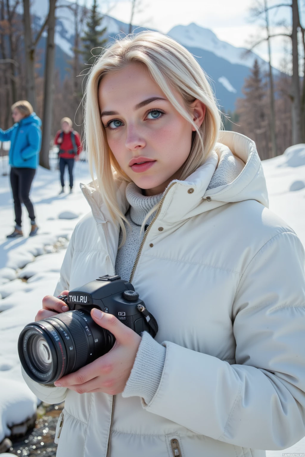 Realistic high quality photo. Woman, 24, platinum blonde bob, blue eyes, crisp white winter coat, standing by a frozen stream with crystal ice lines, holding a camera to chase a perfect shot while snow drifts, surrounded by enthusiastic hikers, under flickering sunlight, modern realistic setting.