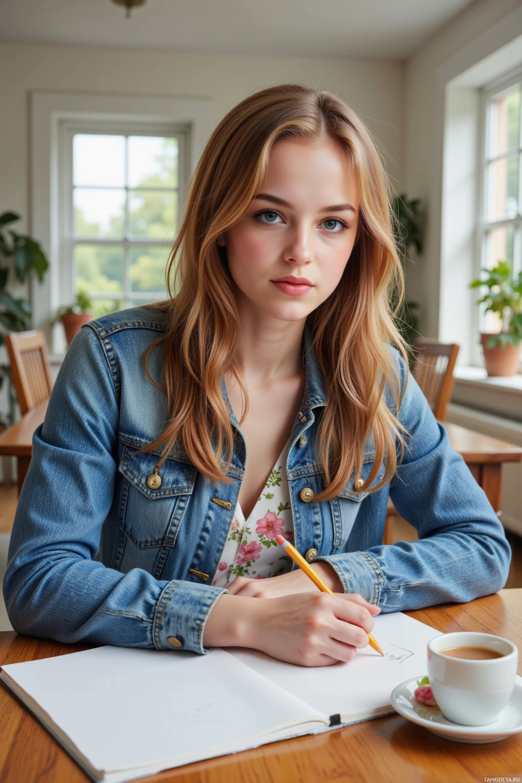 Realistic high quality photo. A 24‑year‑old woman with long, wavy auburn hair, blue eyes, gentle smile, wearing a floral dress and denim jacket, sits at a wooden table in a quiet home, afternoon light pouring in from a window, sketchbook open on the table as she draws a single line with a pencil, a small cup of tea beside her, creating a calm, modern interior scene.