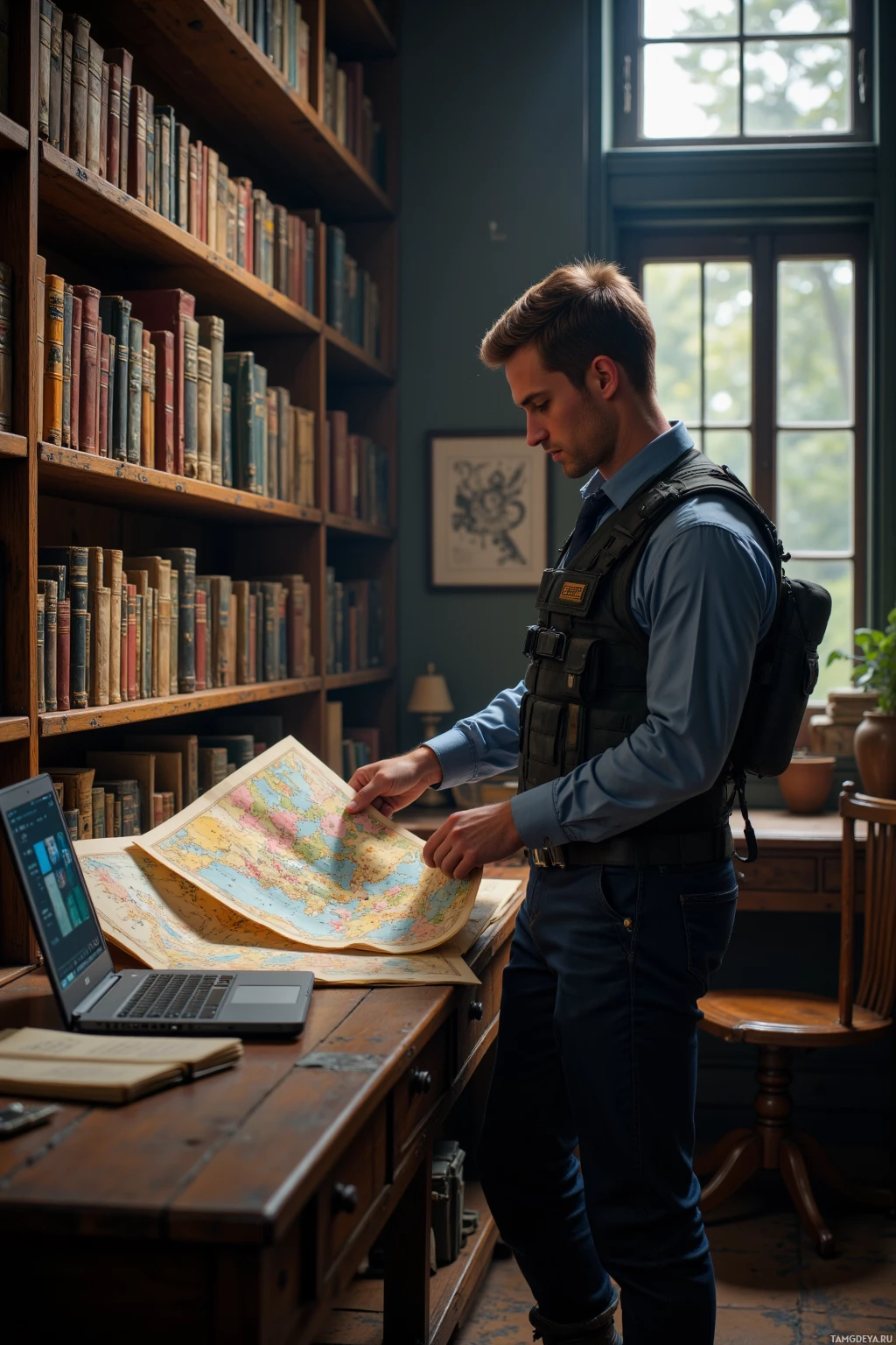 Realistic high quality photo. 35-year-old man with short brown military‑style haircut, blue eyes, pale skin, wearing a tactical black vest and sturdy combat boots, standing in a dimly lit archive room with long wooden shelves of antique battle maps, meticulously reordering them while a laptop with a calendar app sits on the desk, afternoon light filtering through a high window and casting a focused, guarded atmosphere.