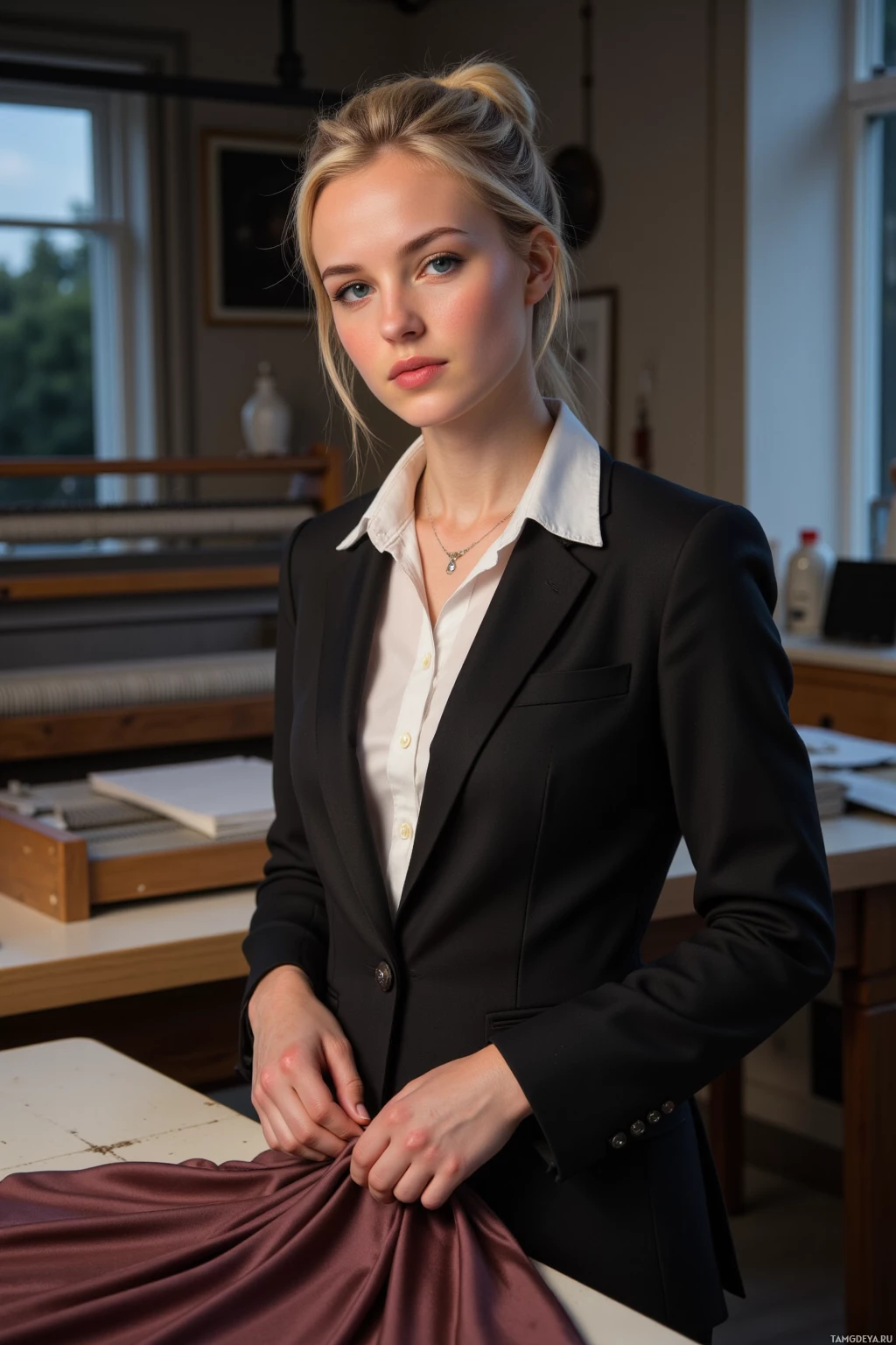 Realistic high quality photo. Tall blonde woman with a refined up‑do and piercing blue eyes, porcelain skin, wearing a tailored black blazer, crisp white blouse, high heels, and a bold statement necklace, tightening the hem of a silk sheath on a cutting table in a dimly lit studio with a humming loom and fresh linen scent, evening light filtering through a large window.