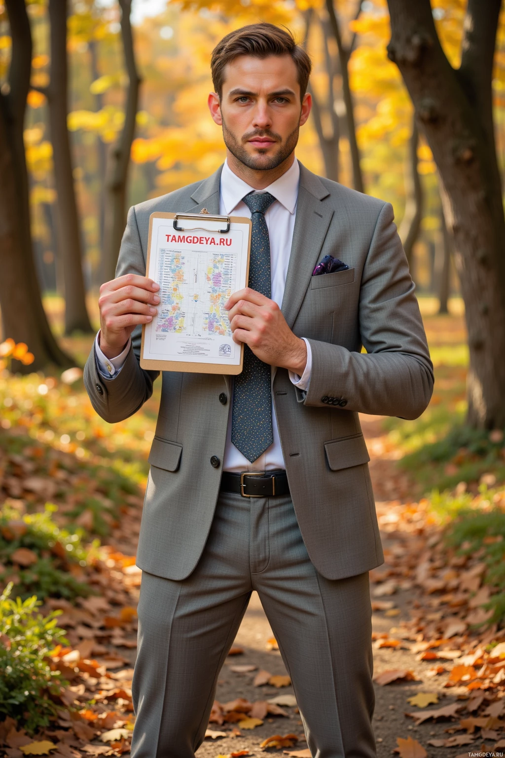 Realistic high quality photo. Male, 30, short light brown hair, piercing blue eyes, calm demeanor, wearing a tailored light grey suit with crisp white shirt and tie, standing in an autumn forest clearing with golden leaves under his boots, holding a clipboard with a detailed neighborhood potluck seating map, afternoon light, modern realism.