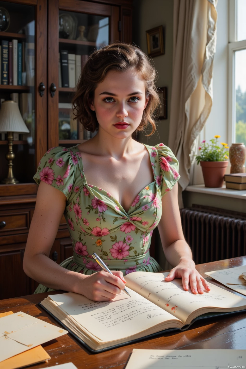 Realistic high quality photo. A 25‑year‑old woman with dark curly hair styled vintage, red lips, soft romantic gaze, wearing a 1950s floral dress with a full skirt, sits at a wooden desk in a cozy room scented with lavender, surrounded by old envelopes and a half‑finished scrapbook with fluttering pages, tracing the faded handwriting of a 1950s postcard with a fountain pen under soft natural light.