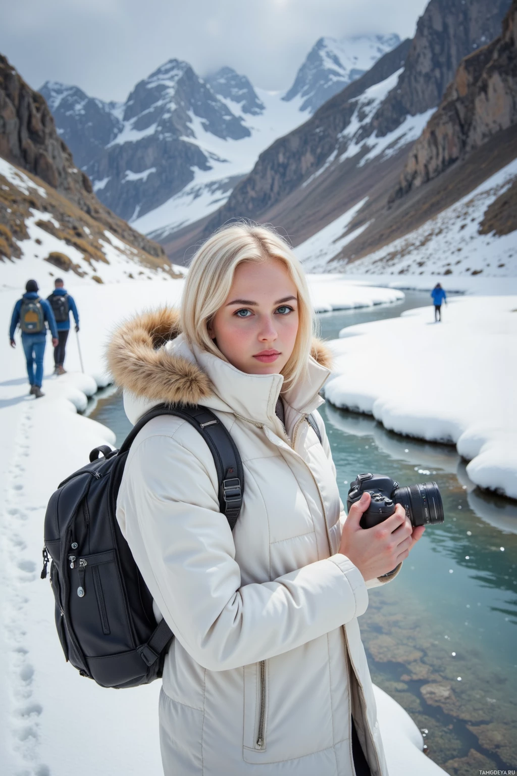 Realistic high quality photo. Woman, 24, platinum blonde bob, blue eyes, crisp white winter coat, standing by a frozen stream with crystal ice lines, holding a camera to chase a perfect shot while snow drifts, surrounded by enthusiastic hikers, under flickering sunlight, modern realistic setting.