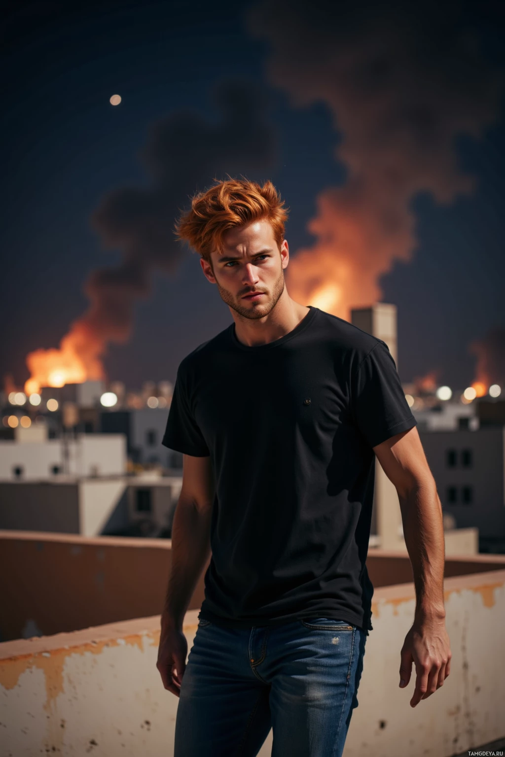 Realistic high quality photo. A 30‑year‑old man with messy fiery red hair, striking brown eyes, olive skin, angular features, wearing a black t‑shirt and jeans, walking on a rooftop at night under a dark velvet sky with ash swirling around, determined stride toward a distant dawn.
