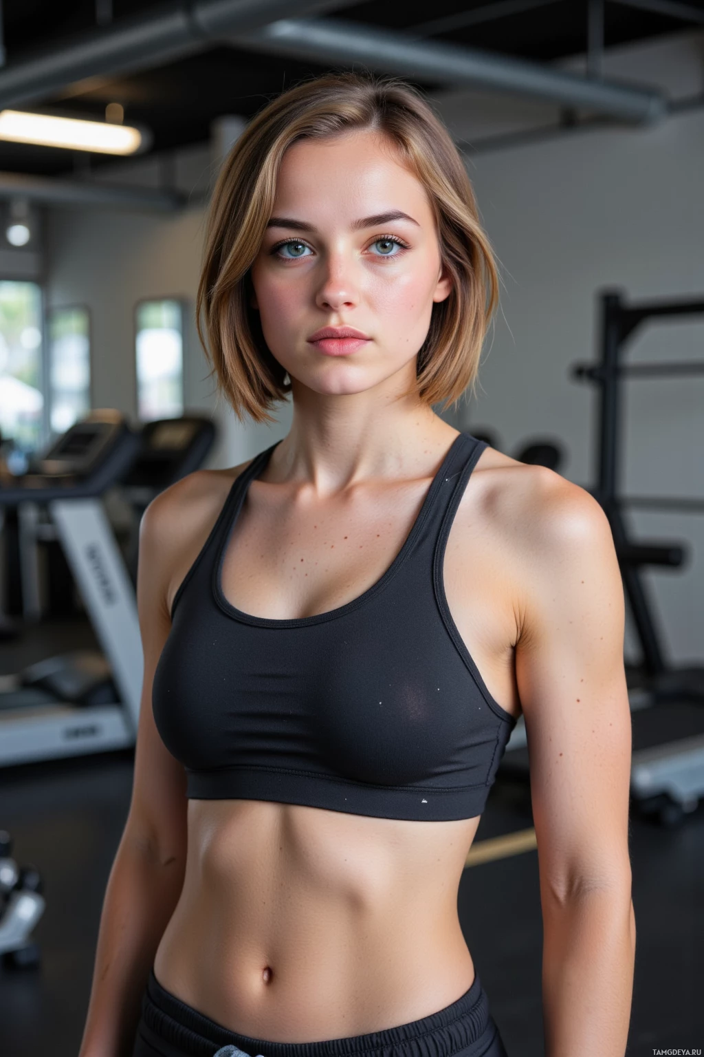 Realistic high quality photo. A 29‑year‑old female strong athletic woman with short brown hair, blue eyes, wearing a fitted tank top and sweatpants, standing in a modern gym after a weight set, a weight rack and treadmill in the background, her posture tense yet determined.