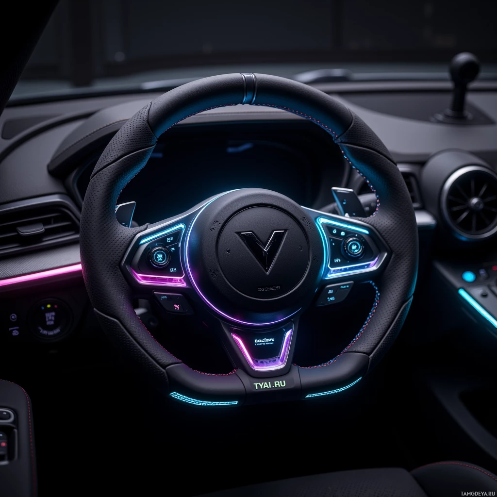  Matte black steering wheel with a translucent OLED glow, thermochromic foam grip that shifts color with heat, subtle pulsing LED accents, sleek and futuristic.