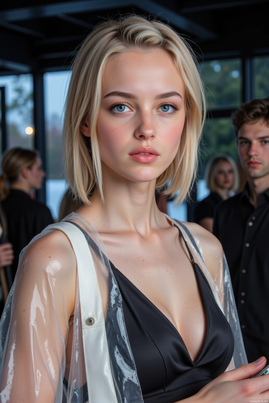 В комнате, среди других людей, стоит женщина с светлыми волосами в черной кофте.