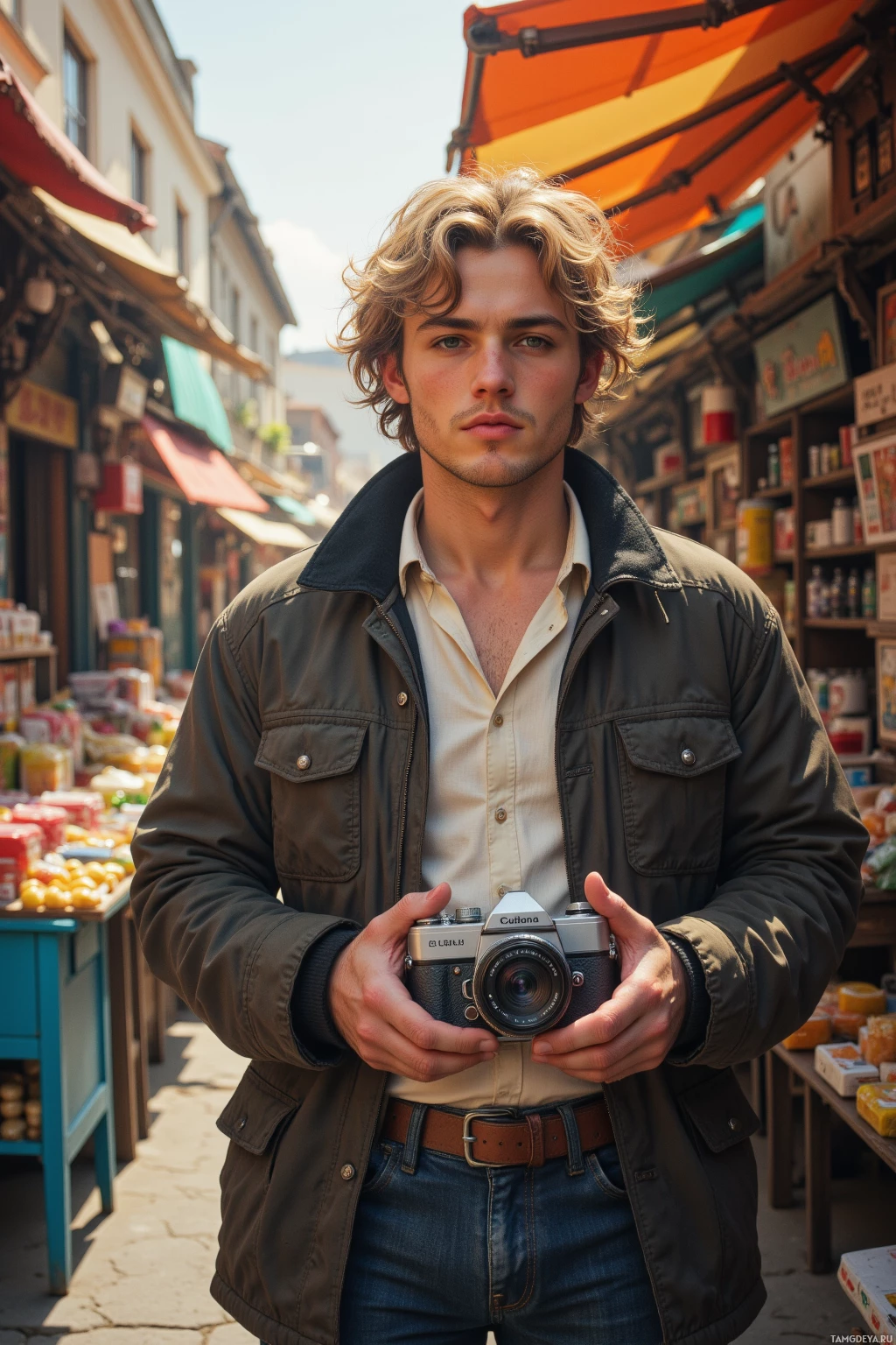 Realistic high quality photo. young man, 26, dirty blonde curly hair, blue eyes, fair skin, wearing a vintage‑inspired jacket, holding a battered Leica camera, standing amid bustling street market stalls with colorful goods, bubble‑wrapped film rolls in hand, a flash from the camera illuminates the scene, midday sun, retro vibe.