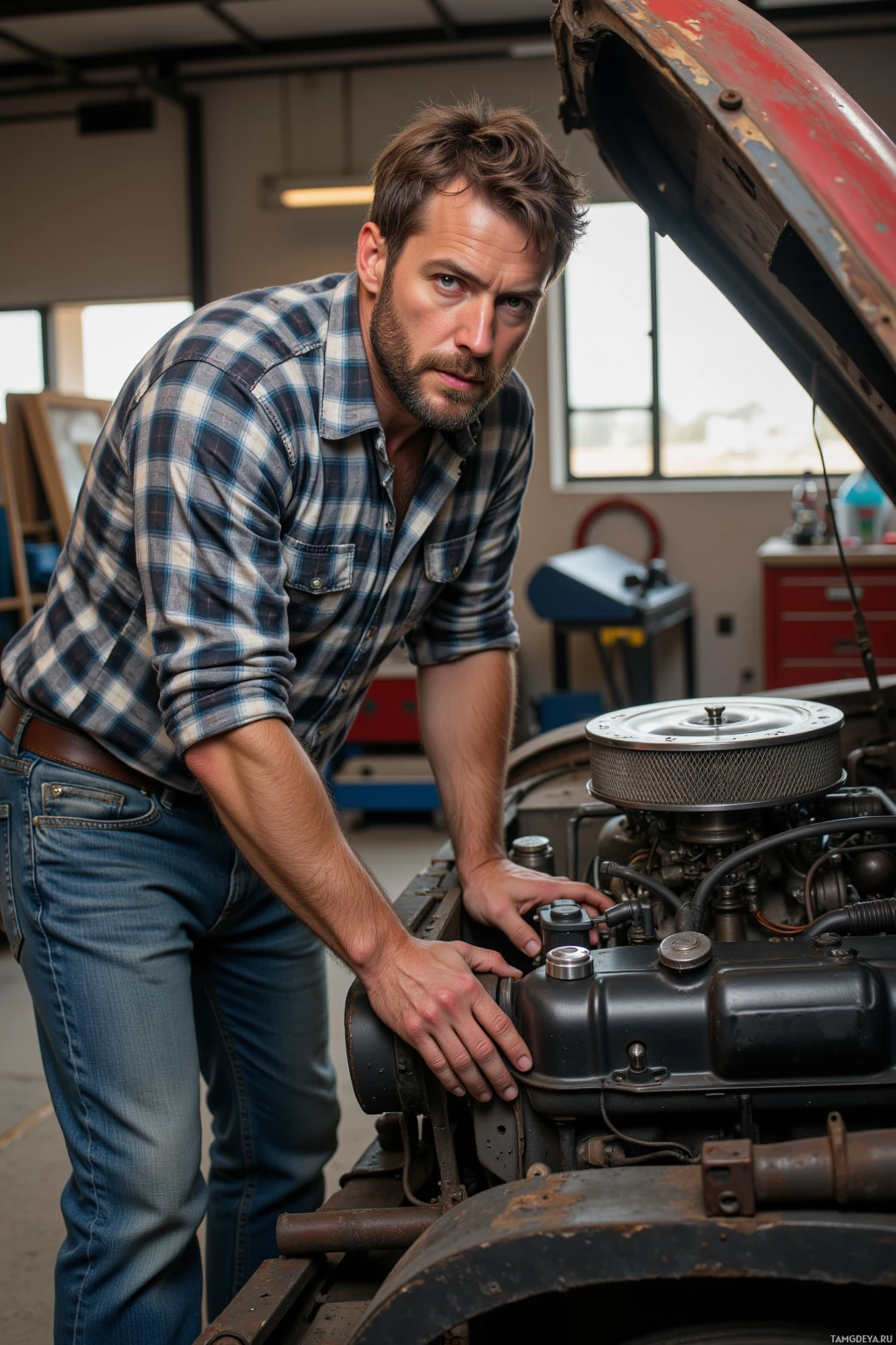 Realistic high quality photo. Rugged 36‑year‑old mechanic with salt‑and‑pepper hair, thick beard, blue eyes, in a faded flannel shirt, worn jeans and sturdy boots, leaning over an open 1956 Buick in a cluttered modern workshop, hands skillfully working a stubborn engine, late afternoon light streaming in.