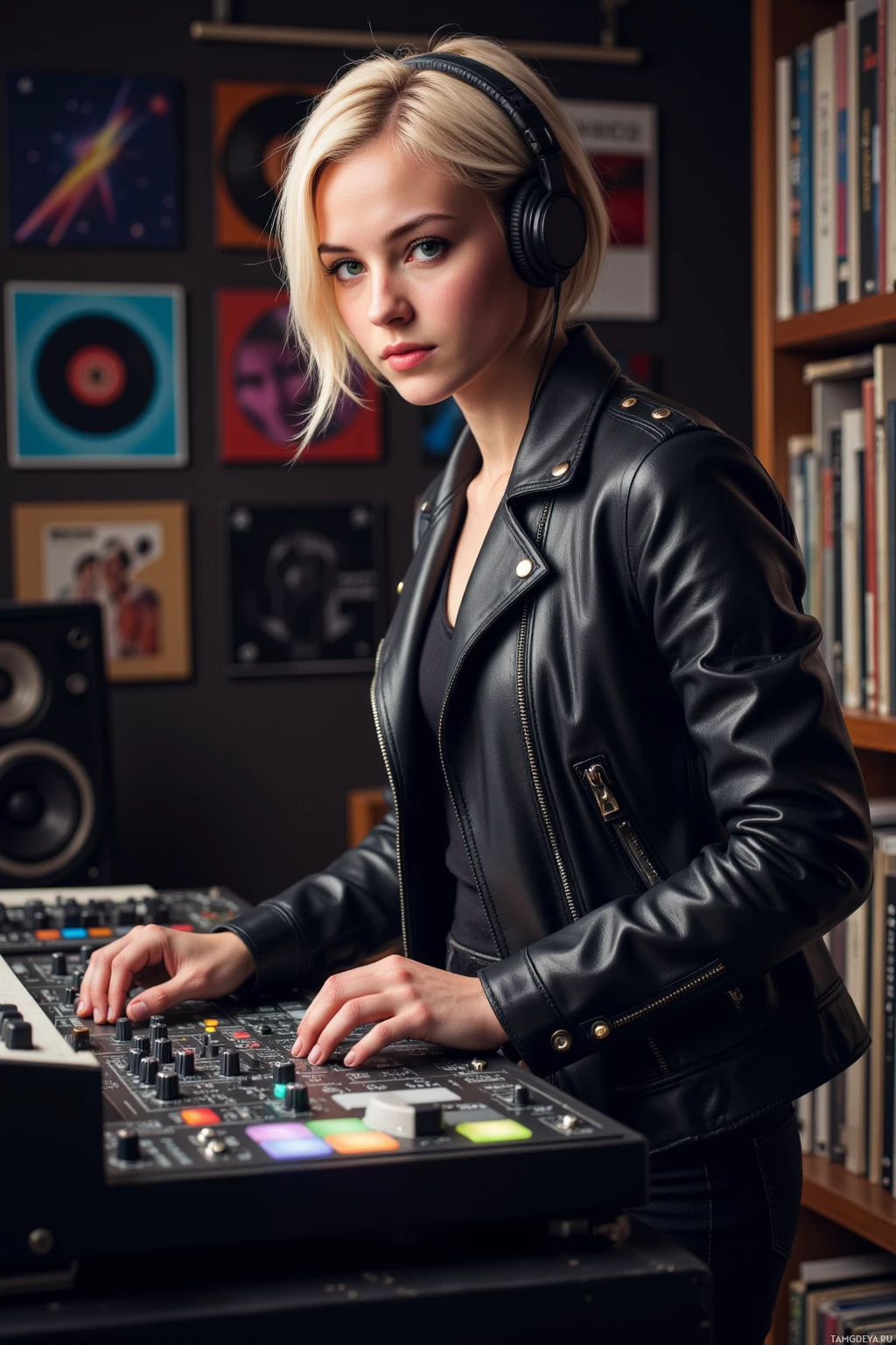 Realistic high quality photo. Female 25-year-old with short edgy blonde hair, bright green eyes, wearing a black leather jacket, black jeans, heavy boots, standing at a dimly lit mixing console in a recording studio surrounded by vinyl records and a synth, wearing headphones and mixing a glitchy track with a confident, rebellious stance.