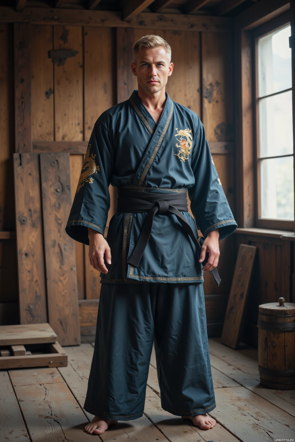 Realistic high quality photo. A calm 30‑year‑old man with short blonde hair and piercing blue eyes, wearing a traditional martial arts uniform embroidered with a dragon, standing on old wooden floorboards in a quiet training room, gently adjusting his stance with a subtle smile as a wooden board sits beside him, soft natural light filtering in.