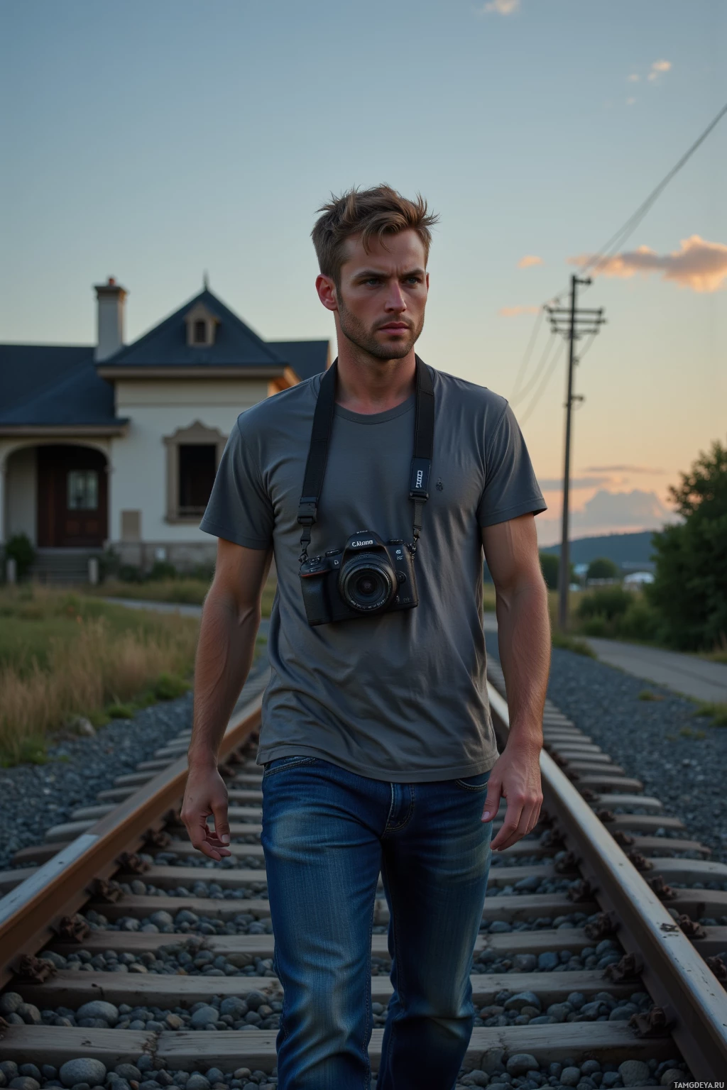Realistic high quality photo. Man, 30, short messy blonde hair, blue eyes, pale skin, gray t‑shirt, worn jeans, rugged camera around neck, walking along a deserted rail line at dusk, passing an abandoned house with cracked bricks, city backdrop, focused expression, capturing footage.