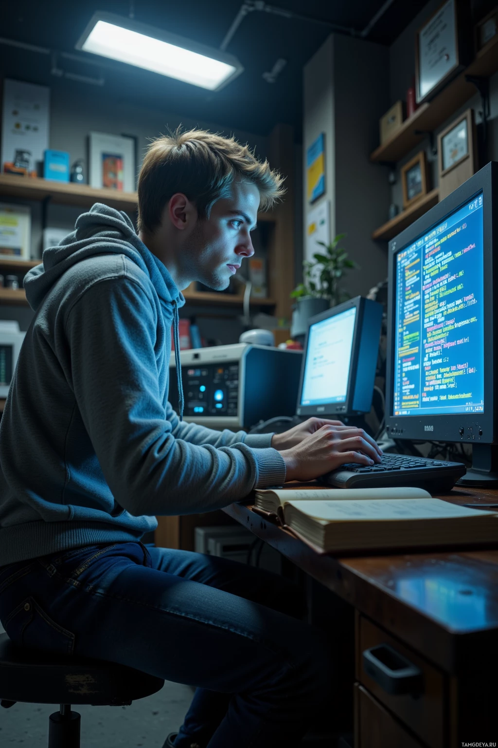 Realistic high quality photo. A 28‑year‑old man with short blonde hair, blue eyes, pale skin, wearing a light grey hoodie, navy jeans, and white sneakers, hunched over a dusty 1999 desktop in a dimly lit retro‑tech lab, staring at a glowing holographic stack trace while a ledger of hidden greetings sits on the desk, midnight.