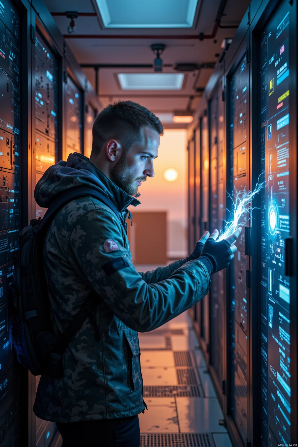 Человек в камуфляжной куртке взаимодействует с высокотехнологичным интерфейсом в футуристической обстановке.