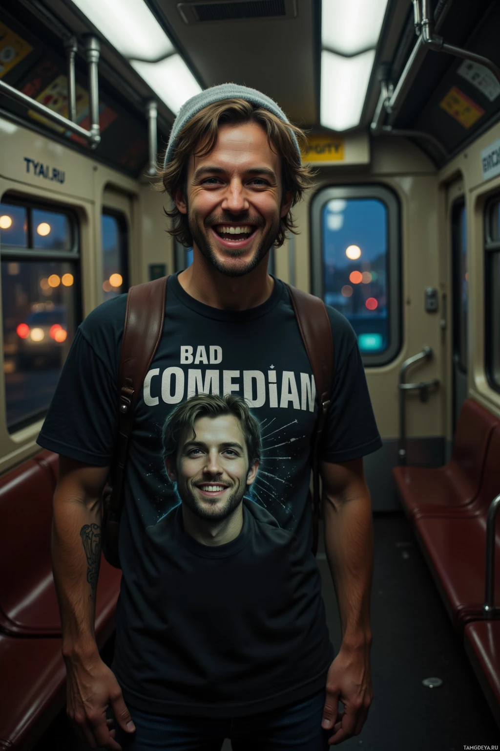 Realistic high quality photo. Male, 31, scruffy with messy brown hair, blue eyes, pale skin, crooked smile, wearing a casual graphic tee and beanie, standing in a dimly lit subway car at night rehearsing punchlines, laughing at his own sarcasm, with flickering city lights visible through windows and a broken platform in the background.