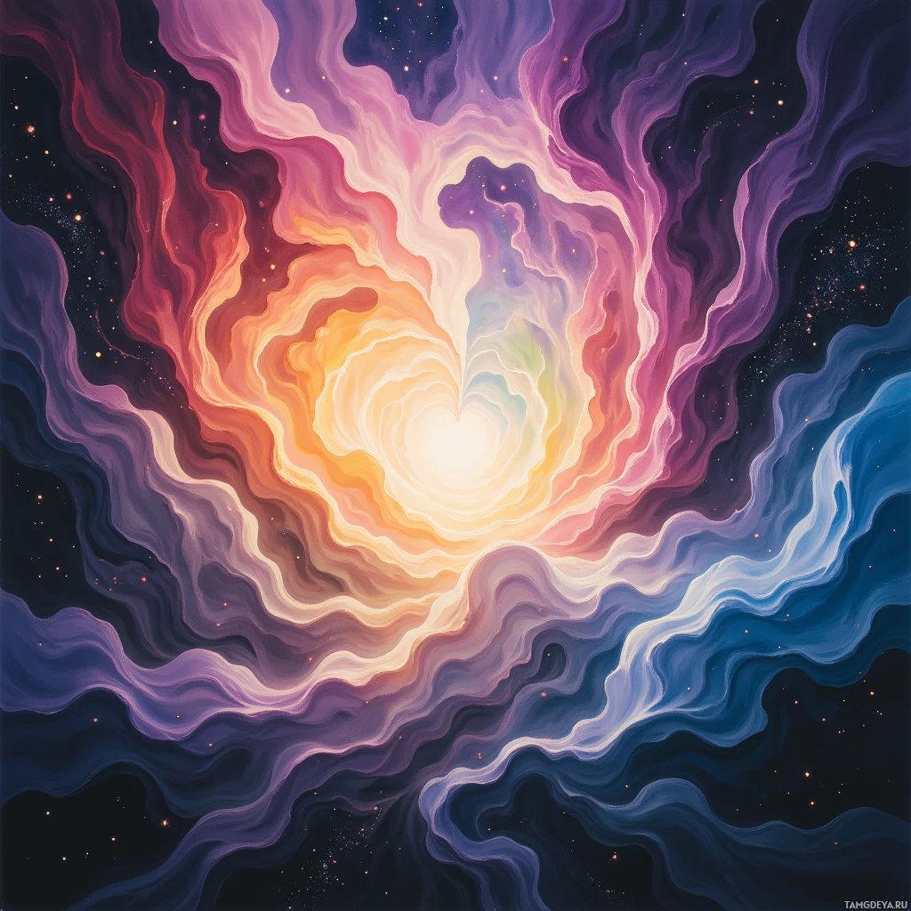 Яркая, вибрирующая космическая сцена с сияющим центром и мерцающими точками, похожими на звёзды.