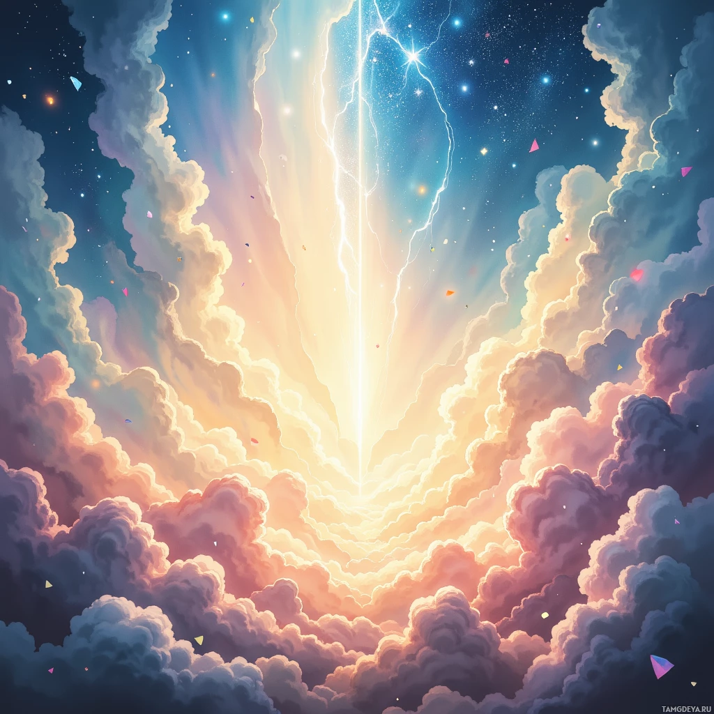 Яркое небо с облаками, молниями и звёздами.