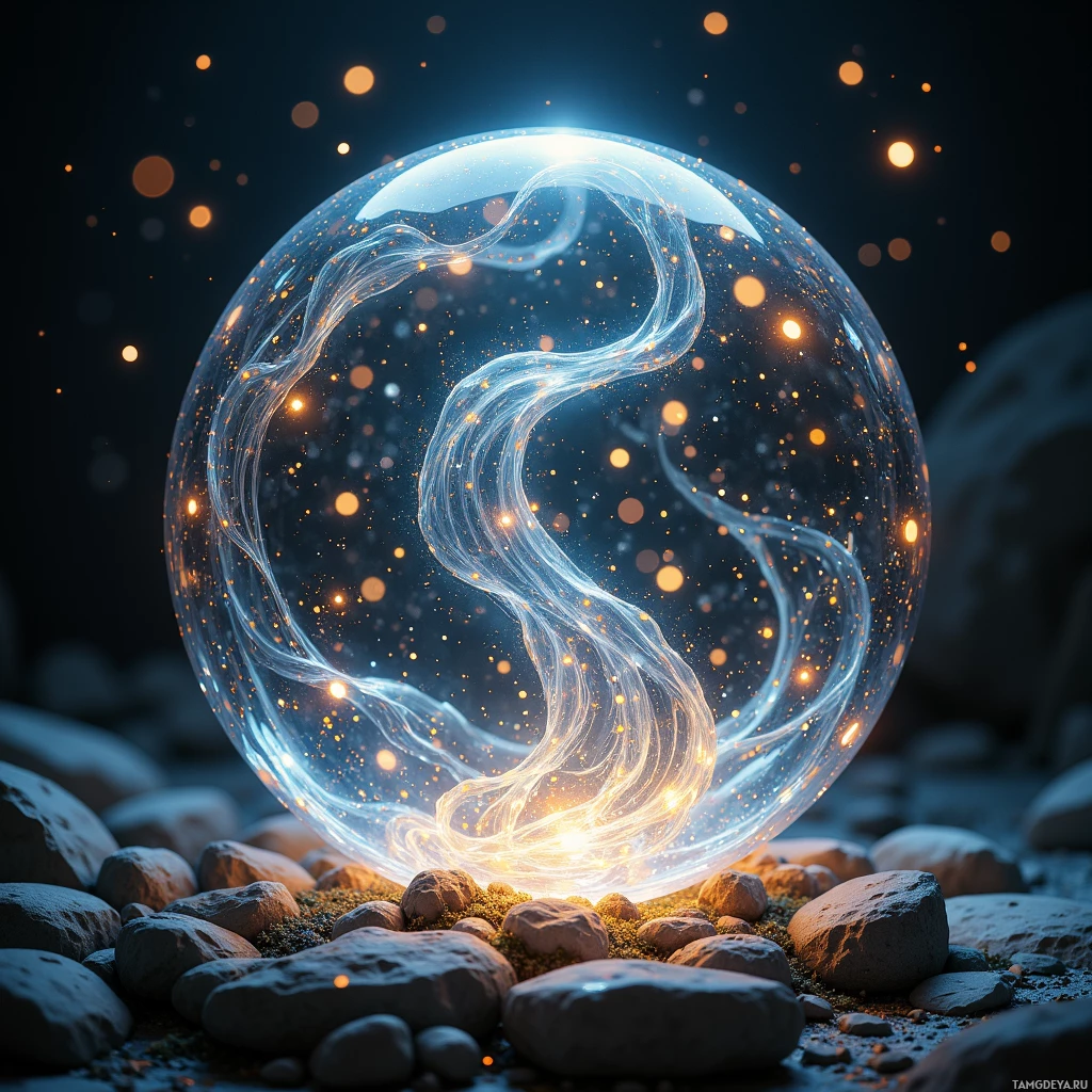 Сияющий, неземной шар покоится на каменной поросли, излучая мягкое, лучистое свечение.