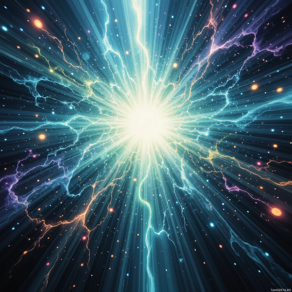 Яркая космическая сцена с сияющими лучами света, похожими на электрические разряды, и рассеянными светящимися частицами.